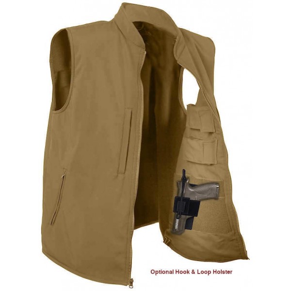 Rothco Concealed Carry Soft Shell Vest Khaki shown with optional hook & loop holster