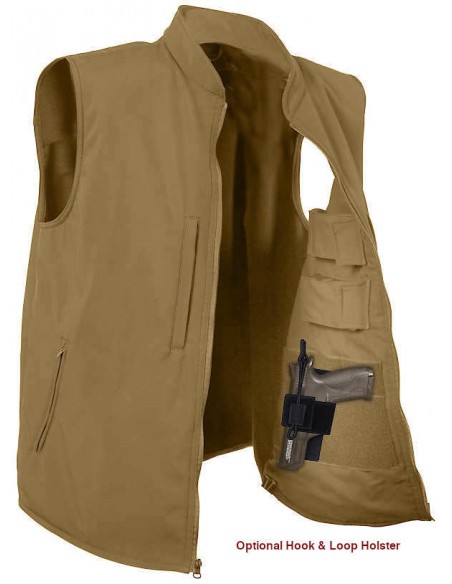 Rothco Concealed Carry Soft Shell Vest Khaki shown with optional hook & loop holster
