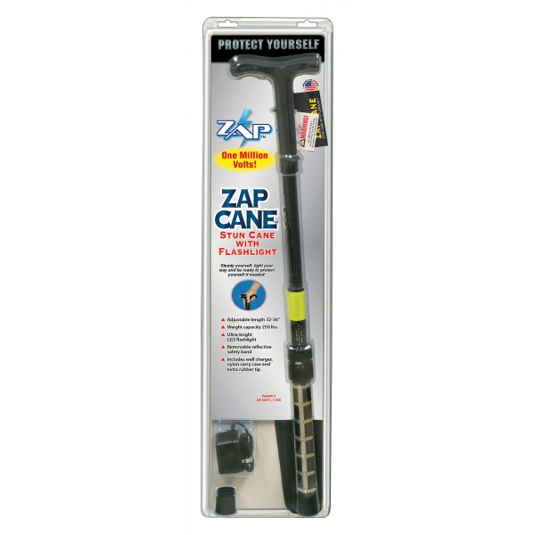 Zap Stun Cane with Flashlight 1 Million Volts Packaging