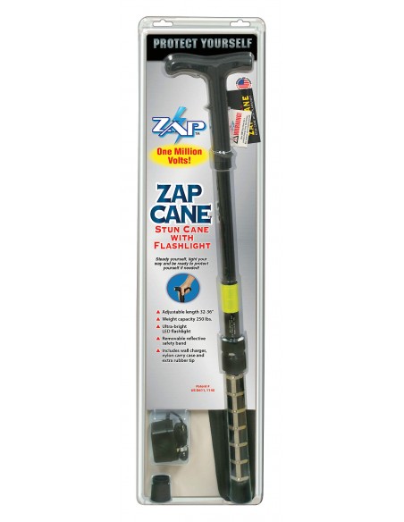 Zap Stun Cane with Flashlight 1 Million Volts Packaging