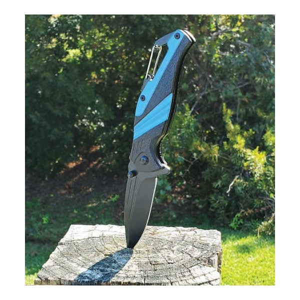 Folding Stainless Steel Knife with Carabiner Blue